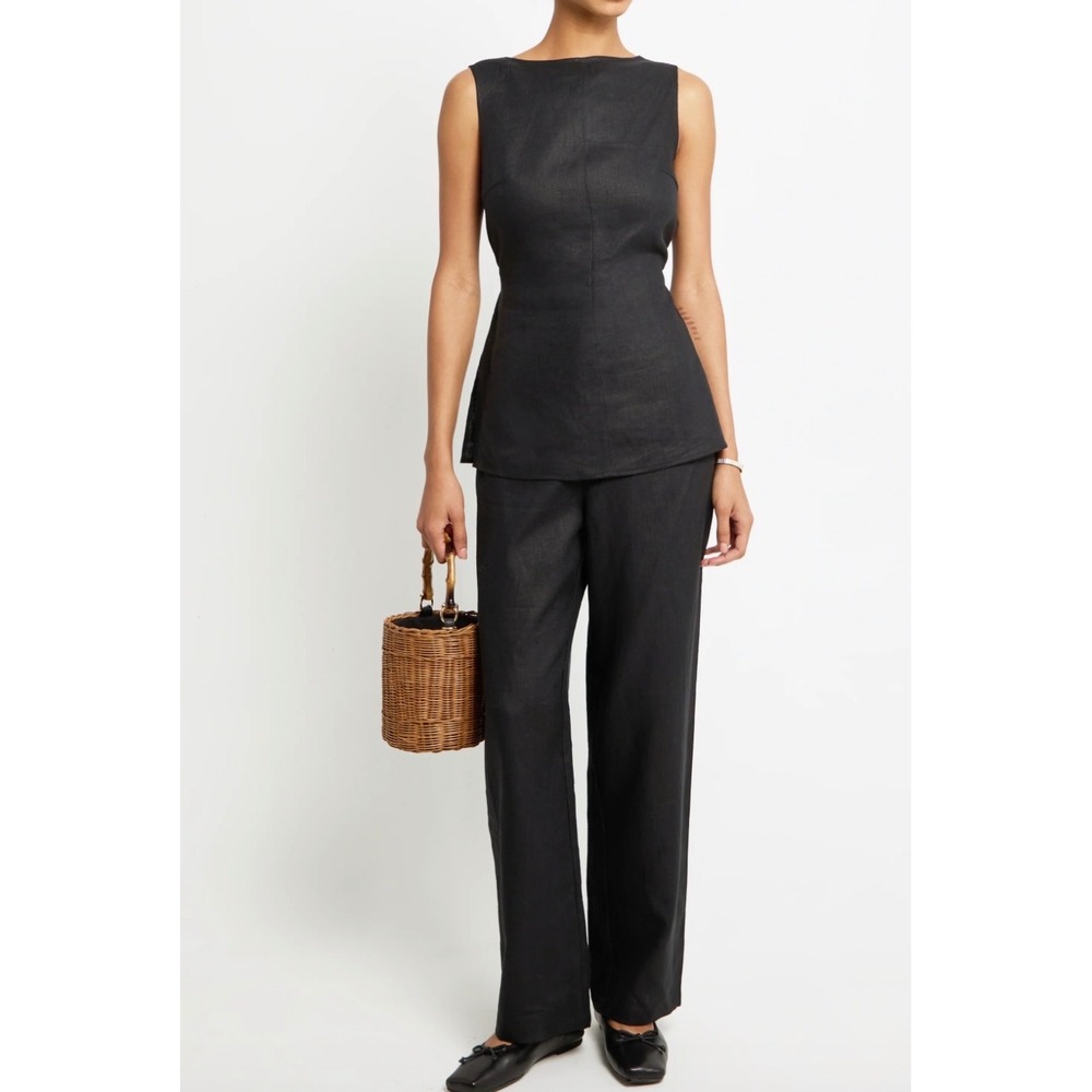 o.p.t. Black Sleeveless Pleated Linen Top T24WSTD10100 Size 6 NWT